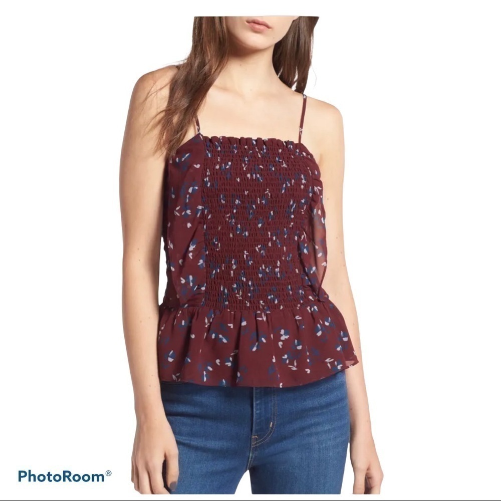 WAYF Devon Smocked Camisole Tank Top Maroon Blue Floral | Size Small